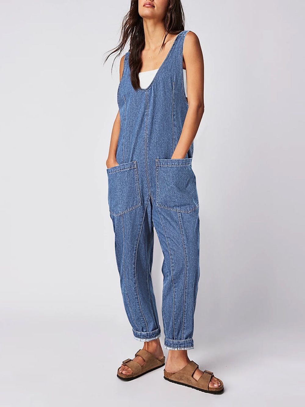 We The Free Blue Denim Pocket Overalls